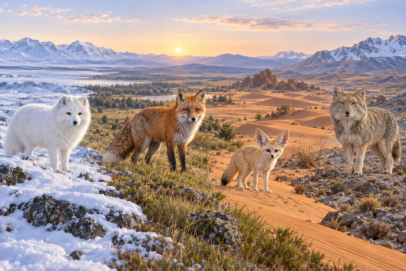 Renard polaire, renard roux, fennec et renard du Tibet dans quatre paysages climatiques