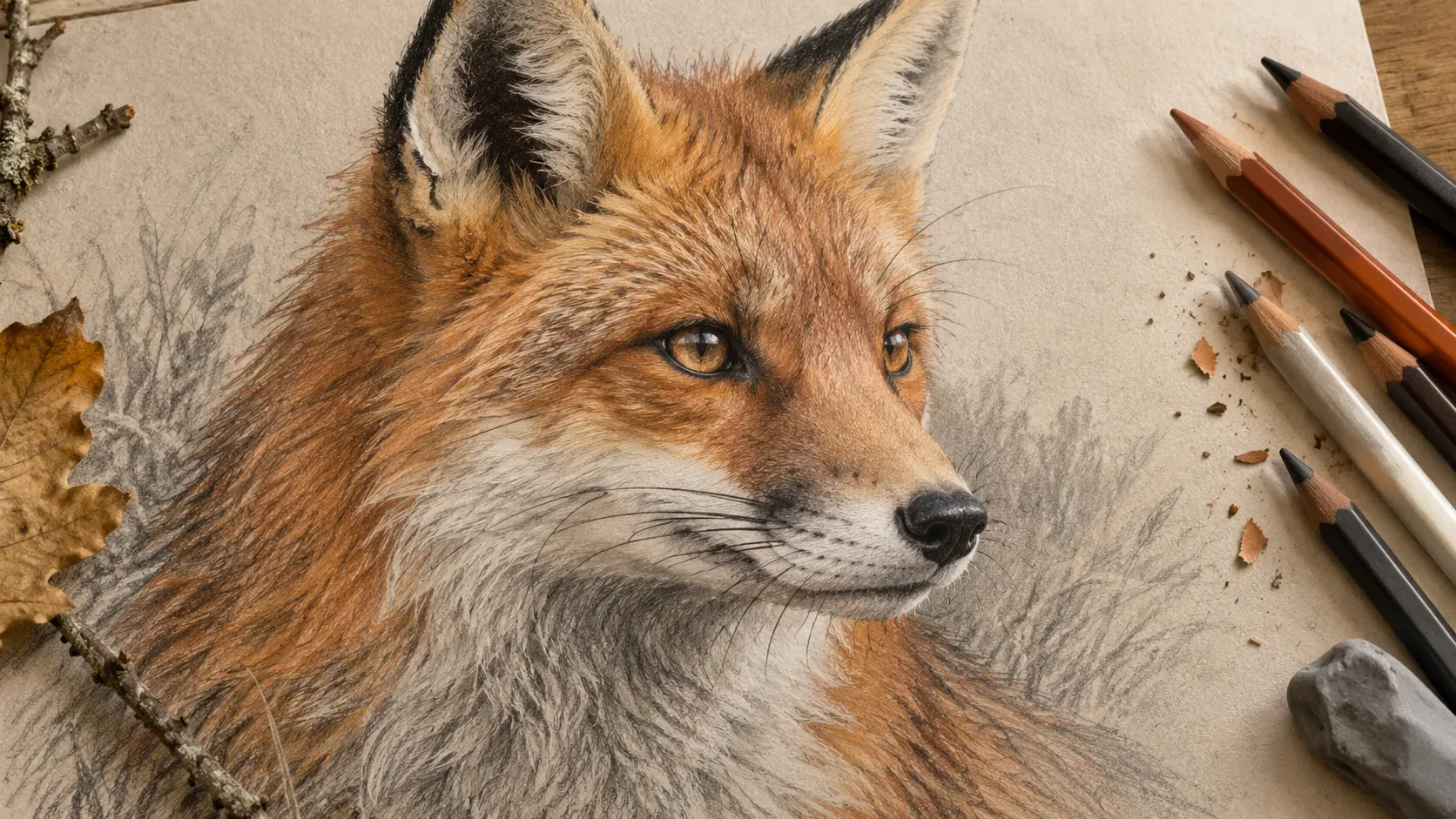 Dessin réaliste d’un renard roux de trois quarts