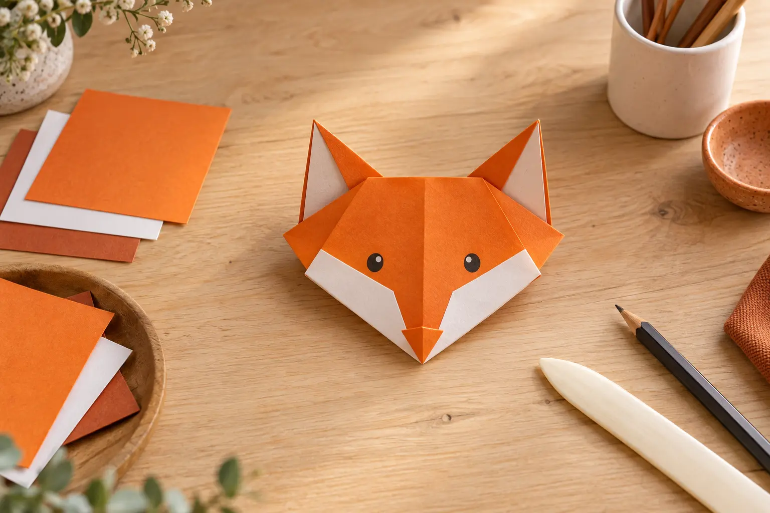 Origami en forme de visage de renard orange posé avec des feuilles carrées et un plioir